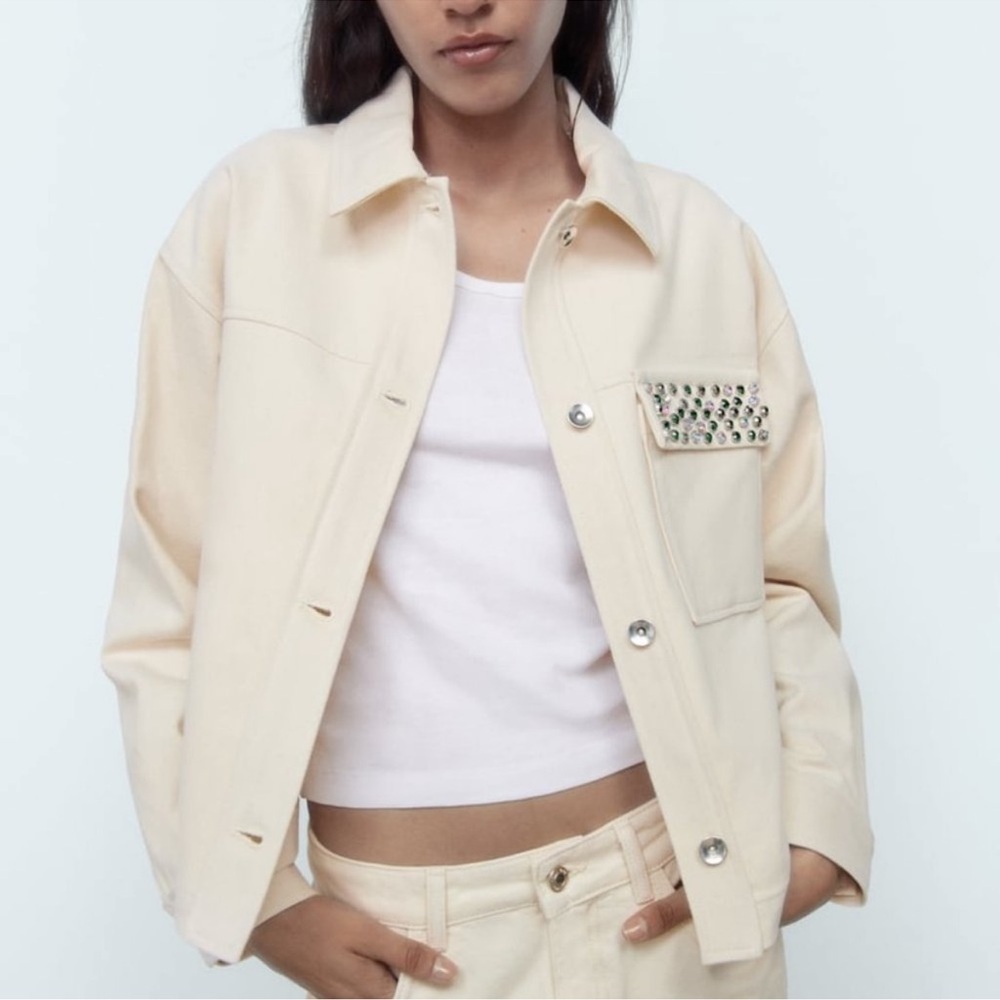Zara Rhinestone Beaded Pocket Cotton Jacket Ivory‎ cream Colored NWT